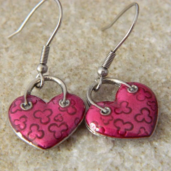 Pink Enameled Handbag Heart Earrings